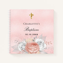 ゲストブックバプテスピンクローズ金ゴールド花模様シルバー ノートブック