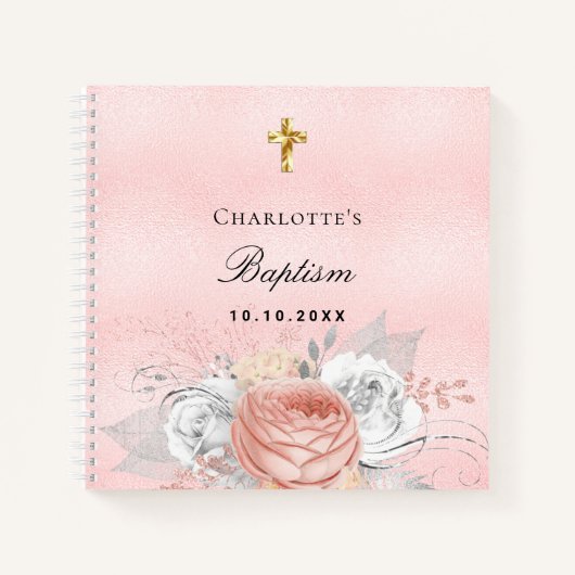 ゲストブックバプテスピンクローズ金ゴールド花模様シルバー ノートブック (正面)
