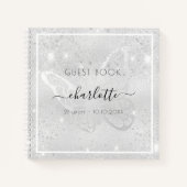 ゲストブックバースデーシルバーバタフライグリッター ノートブック (正面)