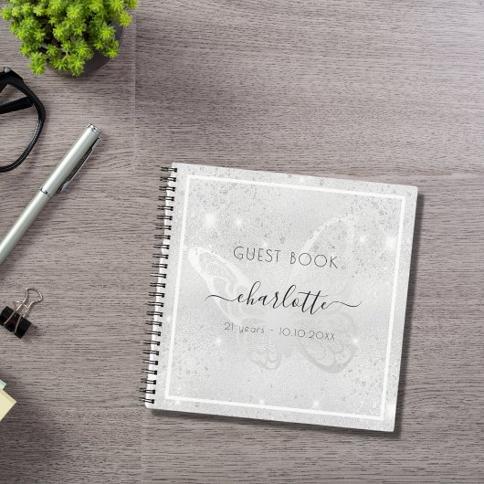 ゲストブックバースデーシルバーバタフライグリッター ノートブック