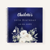 ゲストブックバースデーネイビーブルーホワイト花模様 ノートブック (正面)