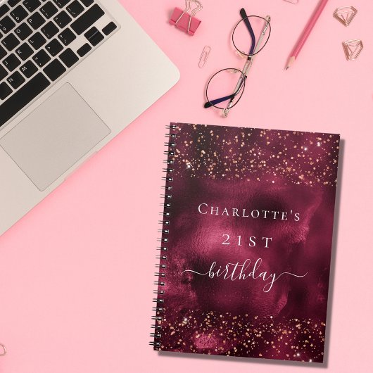 ゲストブックバースデーバーガンディバラ金ゴールドグリッター ノートブック