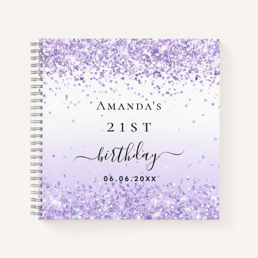 ゲストブックバースデーパーティーバイオレットホワイトグリッター ノートブック (正面)