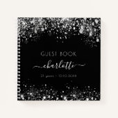 ゲストブックバースデーブラックシルバーグリッターモノグラム ノートブック (正面)