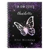 ゲストブックバースデーブラックパープルグリッターバタフライ ノートブック (正面)