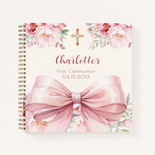 ゲストブックファーストコミューニオンピンクボウクリーム花模様 ノートブック (正面)