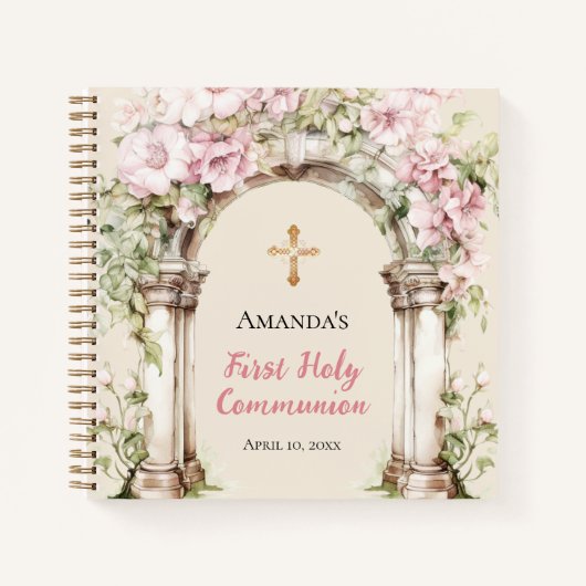 ゲストブックファースト・コミュニオンピンク花模様アーチ ノートブック (正面)