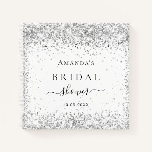 ゲストブックブライダルシャワーホワイトシルバーグリッター ノートブック (正面)