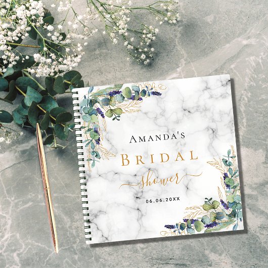 ゲストブックブライダルシャワー大理石ユーカリ金ゴールド ノートブック
