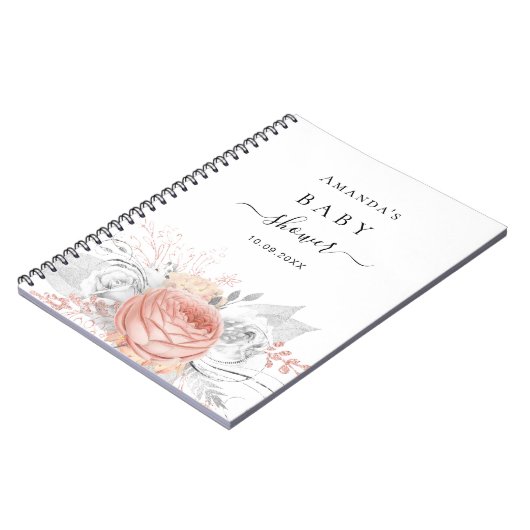 ゲストブックベビーシャワーバラ金ゴールドフローラ銀 ノートブック (左側)