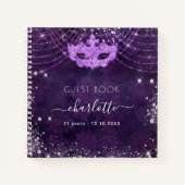 ゲストブックマスカレード紫のグリッター誕生日 ノートブック (正面)