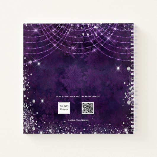 ゲストブックマスカレード紫のグリッター誕生日 ノートブック (裏面)