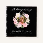 ゲストブックメモリアル葬儀ブラックフォト花模様 ノートブック (正面)