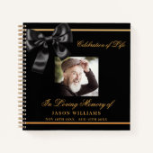 ゲストブックメモリアル葬儀ブラックボウ金ゴールド写真 ノートブック (正面)
