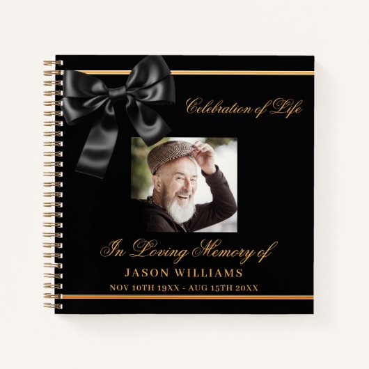 ゲストブックメモリアル葬儀ブラックボウ金ゴールド写真 ノートブック (正面)