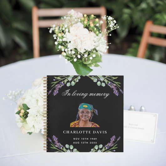 ゲストブックメモリアル葬儀ブラック花模様写真 ノートブック