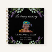 ゲストブックメモリアル葬儀ブラック花模様写真 ノートブック (正面)