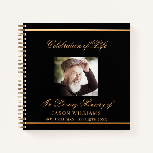 ゲストブックメモリアル葬儀ブラック金ゴールド写真 ノートブック (正面)