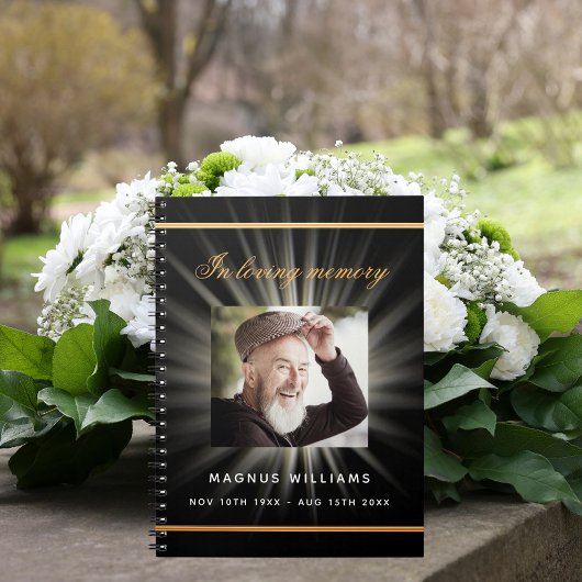 ゲストブックメモリアル葬儀ブラック金ゴールド写真 ノートブック