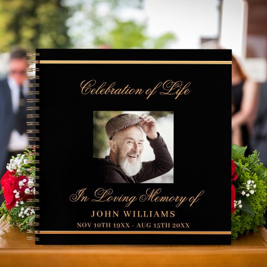 ゲストブックメモリアル葬儀ブラック金ゴールド写真 ノートブック