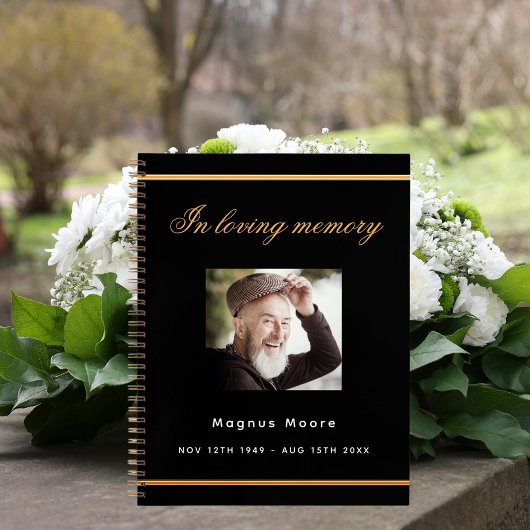 ゲストブックメモリアル葬儀ブラック金ゴールド写真 ノートブック