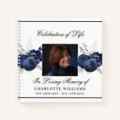 ゲストブックメモリアル葬儀ブルー花模様写真 ノートブック (正面)
