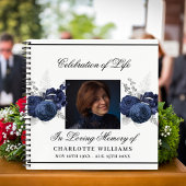 ゲストブックメモリアル葬儀ブルー花模様写真 ノートブック