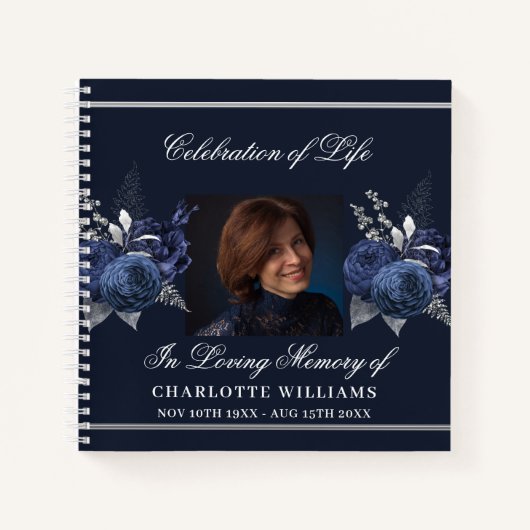 ゲストブックメモリアル葬儀ブルー花模様写真 ノートブック (正面)
