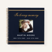 ゲストブックメモリアル葬儀ブルー金ゴールド写真 ノートブック (正面)