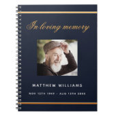 ゲストブックメモリアル葬儀ブルー金ゴールド写真 ノートブック (正面)