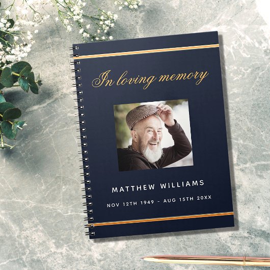 ゲストブックメモリアル葬儀ブルー金ゴールド写真 ノートブック