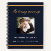 ゲストブックメモリアル葬儀ブルー金ゴールド写真 ノートブック (正面)