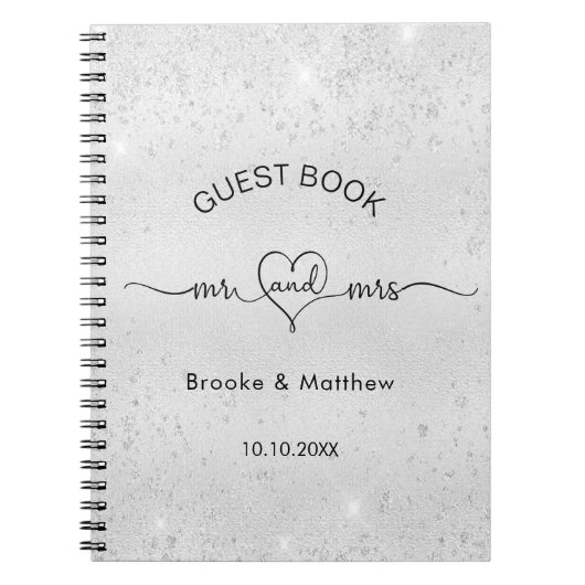 ゲストブック結婚のシルバーグリッターmr mrs name ノートブック (正面)