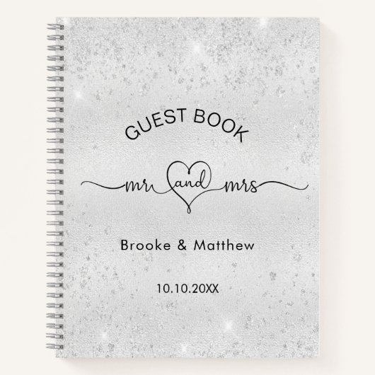 ゲストブック結婚のシルバーグリッターmr mrs name ノートブック (正面)