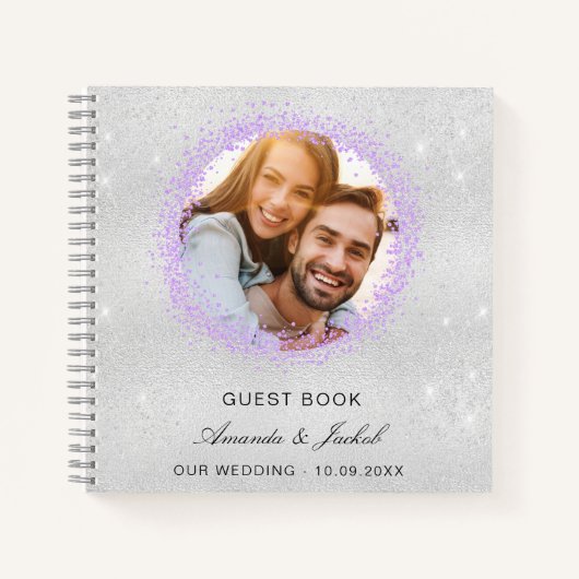 ゲストブック結婚のシルバーバイオレットグリッター写真 ノートブック (正面)