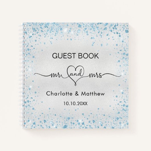 ゲストブック結婚のシルバーブルーグリッターmr mrs name ノートブック (正面)