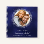 ゲストブック結婚のネイビーブルーシルバーグリッター写真 ノートブック (正面)