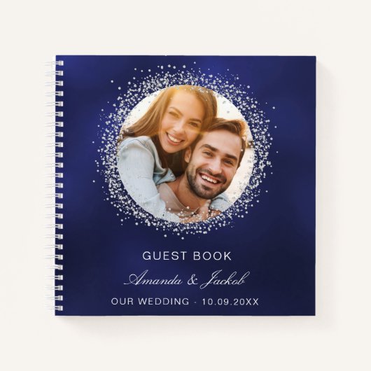 ゲストブック結婚のネイビーブルーシルバーグリッター写真 ノートブック (正面)