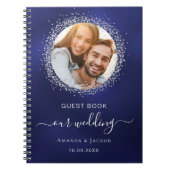ゲストブック結婚のネイビーブルーシルバーグリッター写真 ノートブック (正面)