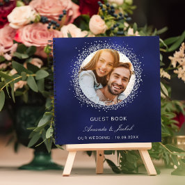ゲストブック結婚のネイビーブルーシルバーグリッター写真 ノートブック