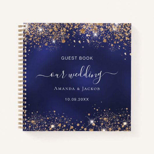 ゲストブック結婚のネイビーブルー金ゴールドの輝き ノートブック (正面)