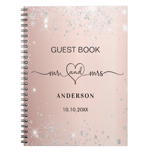 ゲストブック結婚のバラ金ゴールド銀グリッターハート ノートブック (正面)