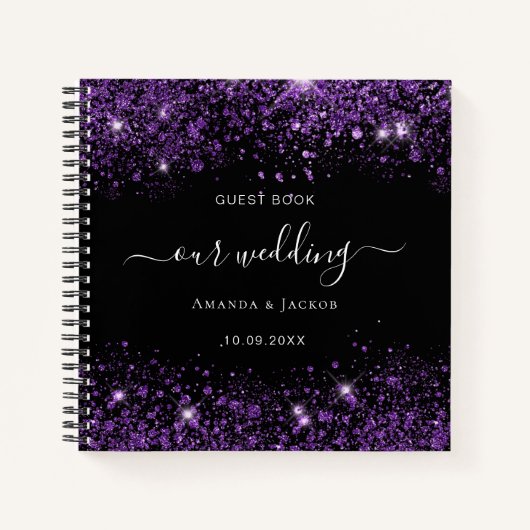 ゲストブック結婚のブラックパープルグリッターモノグラム ノートブック (正面)