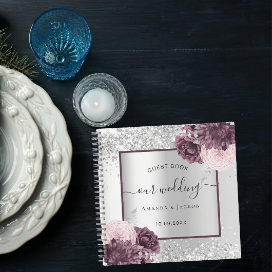 ゲストブック結婚の銀のバーガンディの花 ノートブック