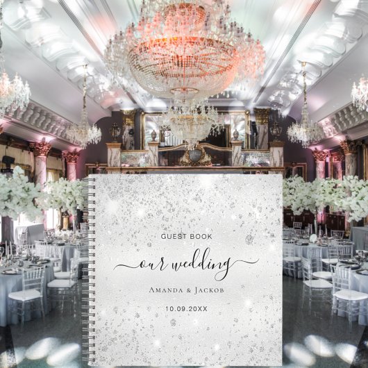 ゲストブック結婚の銀グリッターダストモノグラム ノートブック