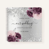 ゲストブック結婚の銀ブルゴーニュ花模様 ノートブック (正面)