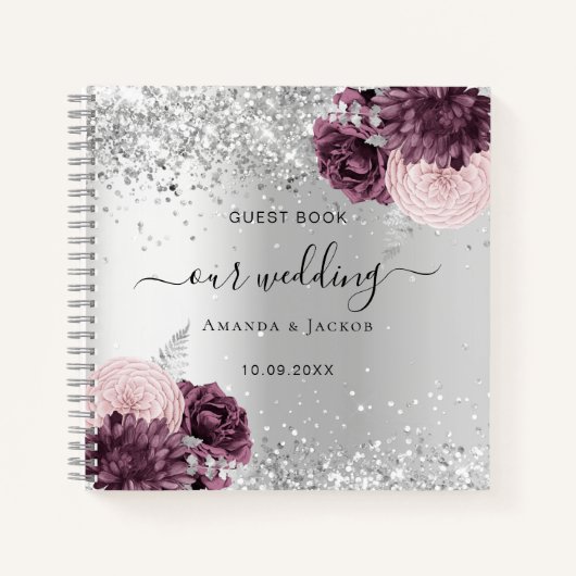 ゲストブック結婚の銀ブルゴーニュ花模様 ノートブック (正面)