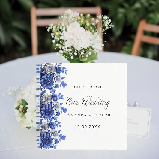 ゲストブック結婚の青王室のい花の白 ノートブック