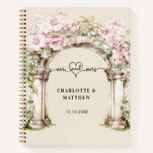 ゲストブック結婚のmr mrsハートピンク花模様アーチ ノートブック (正面)