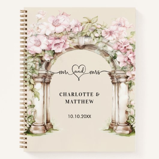 ゲストブック結婚のmr mrsハートピンク花模様アーチ ノートブック (正面)